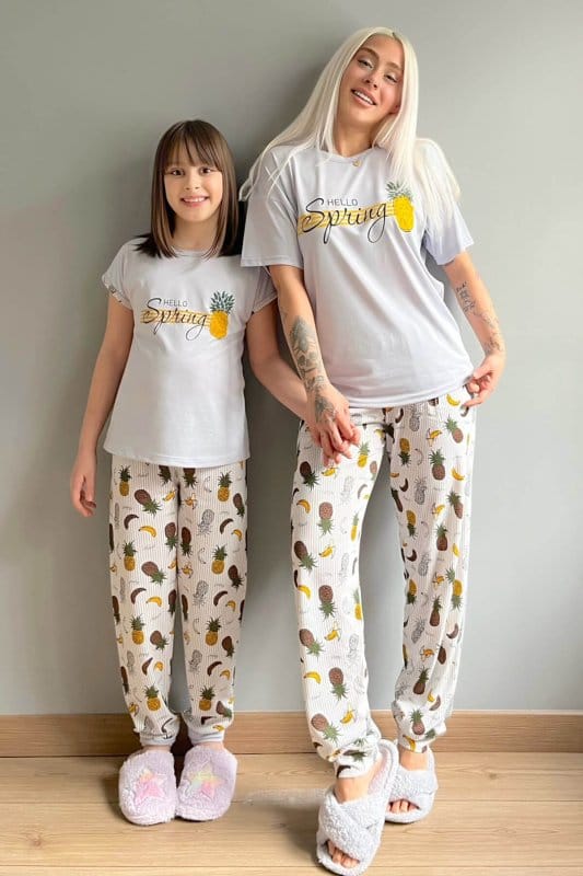 Pineapple Baskılı Kısa Kollu Anne Kız Kombin Pijama Takımı
