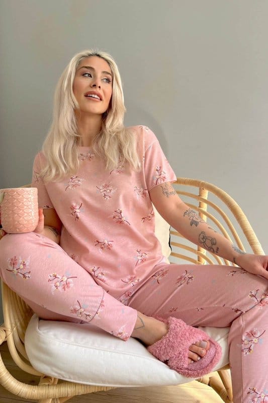 Pink Blume Baskılı Kısa Kollu Kadın Pijama Takımı