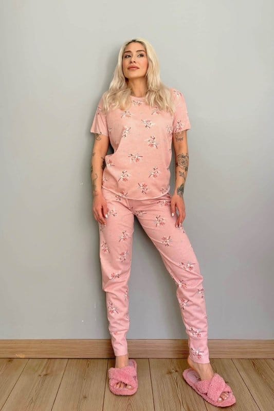 Pink Blume Baskılı Kısa Kollu Kadın Pijama Takımı