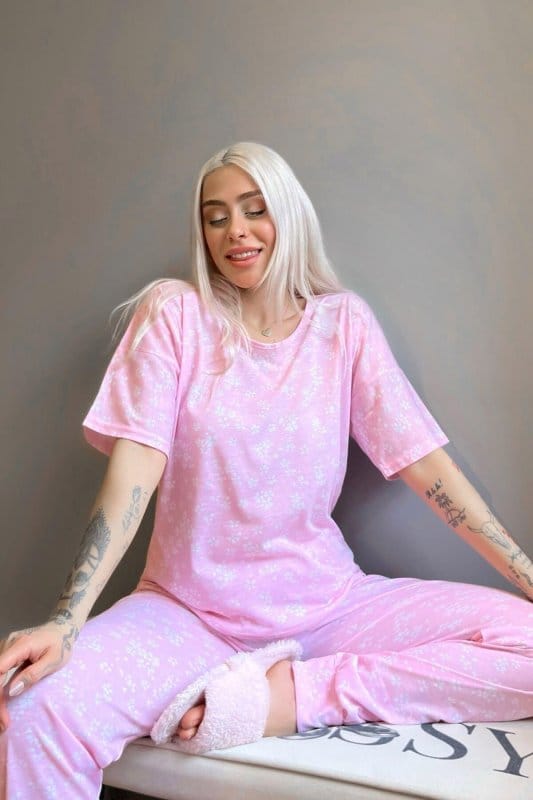 Pink Shamrock Baskılı Kısa Kollu Kadın Pijama Takımı