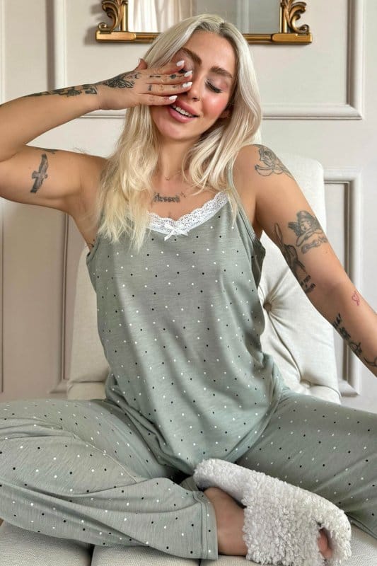 Pled Dantelli Ip Askılı Örme Kadın Pijama Takımı