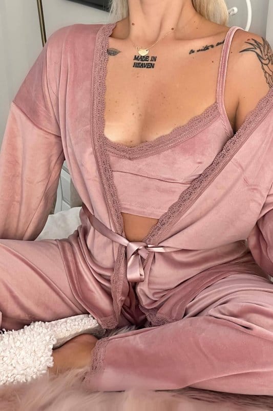 Pudra Crop Exclusive Kadife Sabahlıklı Kadın Pijama Takımı 