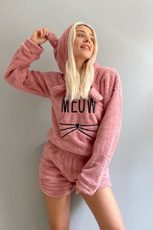 Pudra Meow Desenli Şortlu Tam Peluş Pijama Takımı