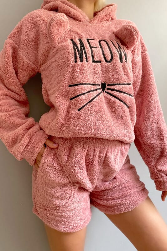 Pudra Meow Desenli Şortlu Tam Peluş Pijama Takımı