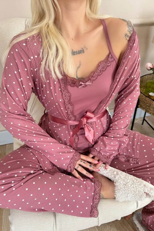 Pudra Mini Puan Desenli Bambu Sabahlıklı Kadın Pijama Takımı