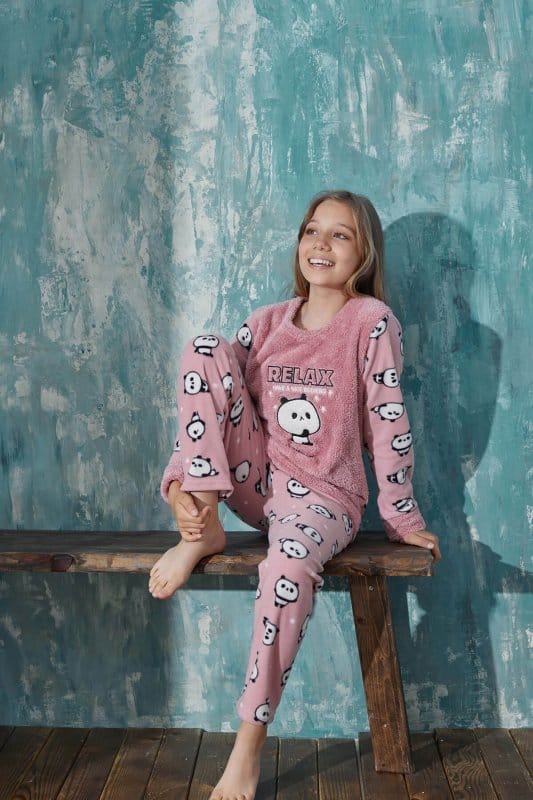 Pudra Relax Panda Desenli Kız Çocuk Peluş Pijama Takım