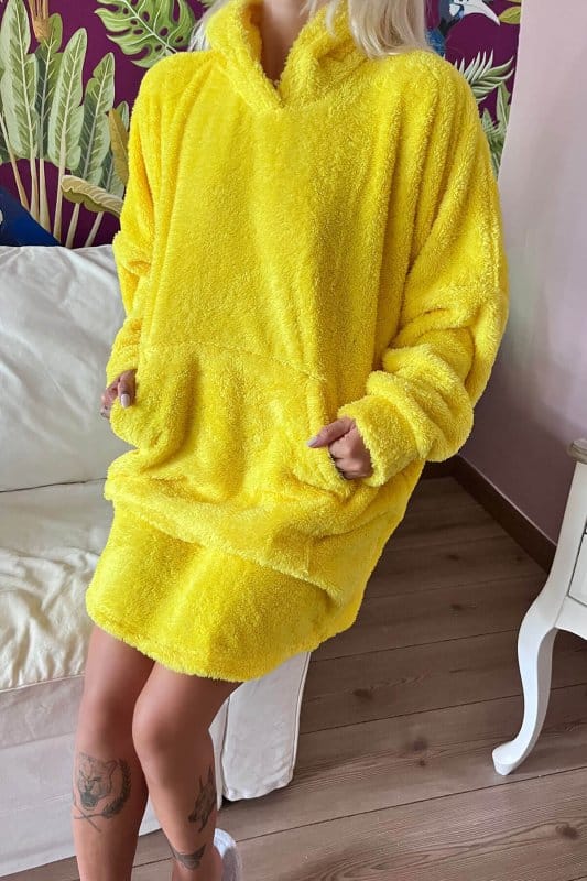 Sarı Kapşonlu Tam Peluş Oversize Sweat Panço Pijama