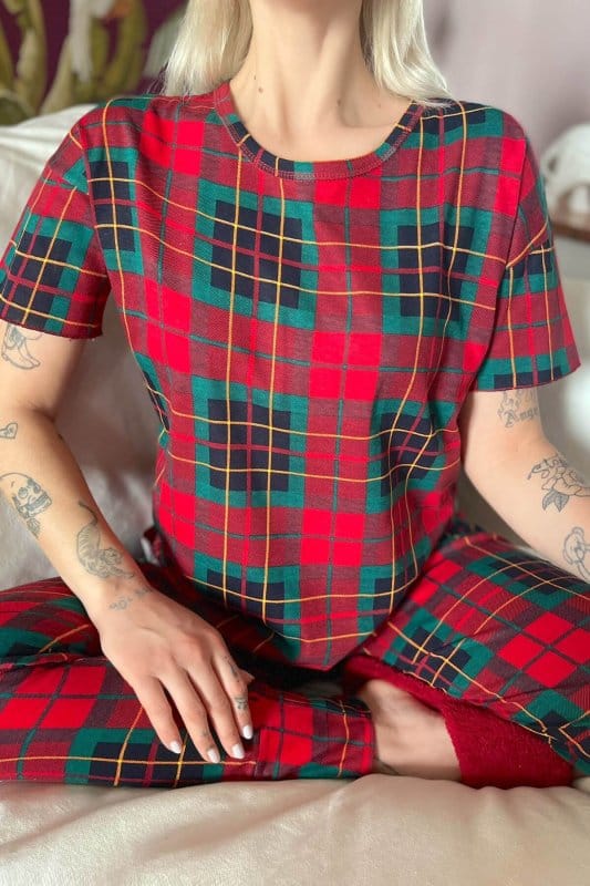Sarı Kırmızı Plaid Baskılı Kısa Kollu Kadın Pijama Takımı
