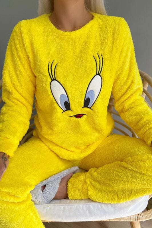 Sarı Kuş Desenli Tam Peluş Pijama Takımı