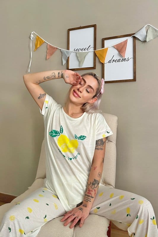 Sarı Lemon Baskılı Örme Kısa Kollu Kadın Pijama Takımı