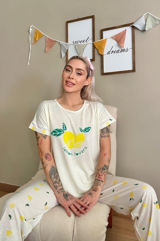 Sarı Lemon Baskılı Örme Kısa Kollu Kadın Pijama Takımı