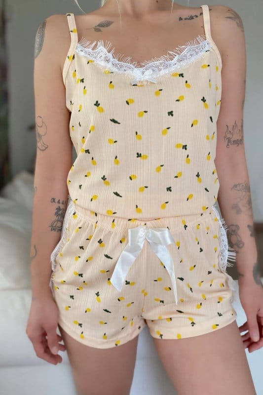 Sarı Limon Pegasus Dantel Detaylı İp Askı Şortlu Örme Pijama Takımı