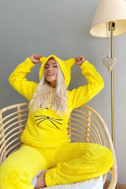 Sarı Meow Desenli Tam Peluş Pijama Takımı