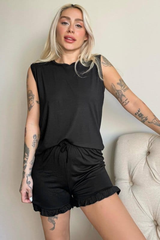 Siyah Basic Kolsuz Askılı Şortlu Kadın Pijama Takımı