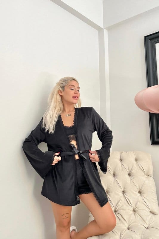 Siyah Bralet Exclusive Kadife Sabahlıklı Kadın Pijama Takımı 
