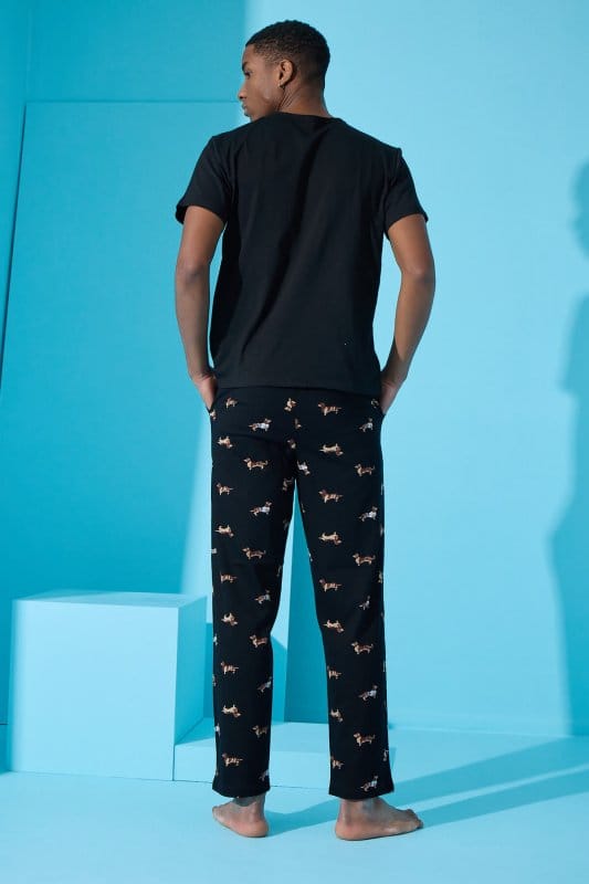 Siyah Cep Detaylı Dakhund Desenli Kısa Kollu Erkek Pijama Takımı
