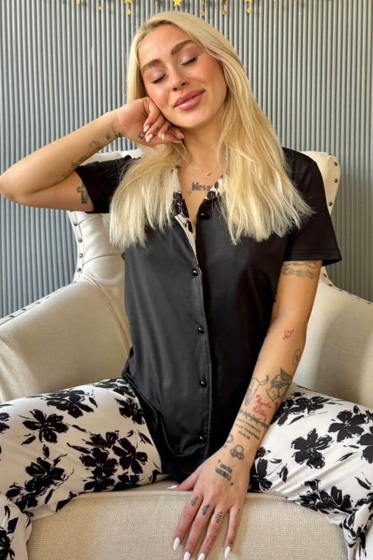 Siyah Florado Exclusive Önden Düğmeli Kısa Kollu Kadın Pijama Takımı