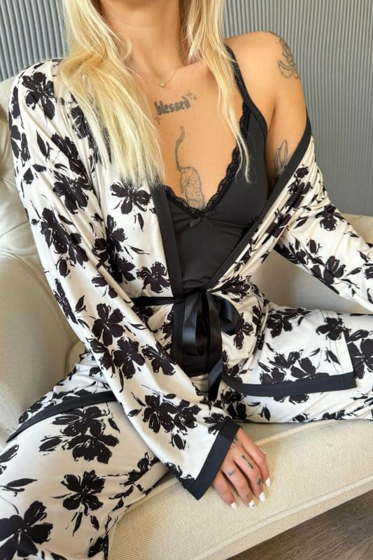 Siyah Flore Exclusive Örme Sabahlıklı Kadın Pijama Takımı