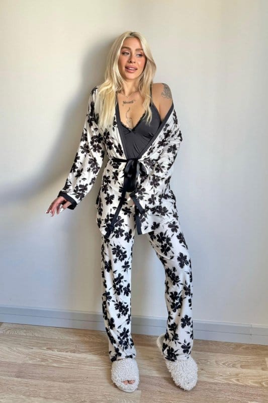 Siyah Flore Exclusive Örme Sabahlıklı Kadın Pijama Takımı