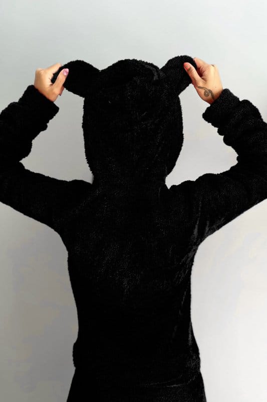 Siyah Meow Desenli Tam Peluş Pijama Takımı