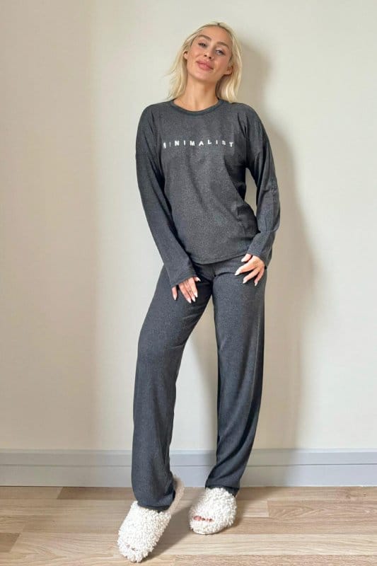 Siyah Minimalist Baskılı Bambu Uzun Kol Kadın Pijama Takımı