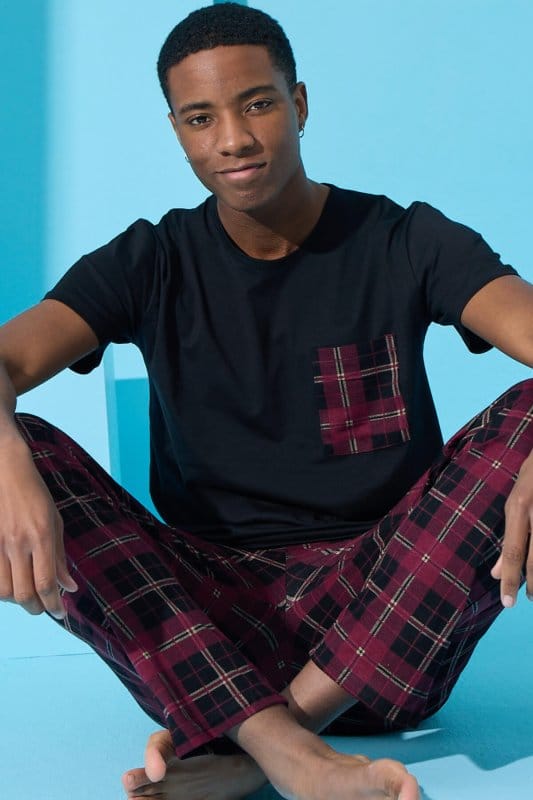 Siyah One Square Ekose Desenli Kısa Kollu Erkek Pijama Takımı