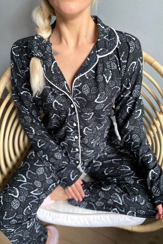 Siyah Pembe Baskılı Önden Düğmeli Uzun Kollu Kadife Pijama Takımı