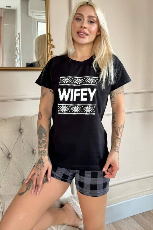 Siyah Wifey Şortlu Sevgili Aile Pijaması - Kadın Takımı