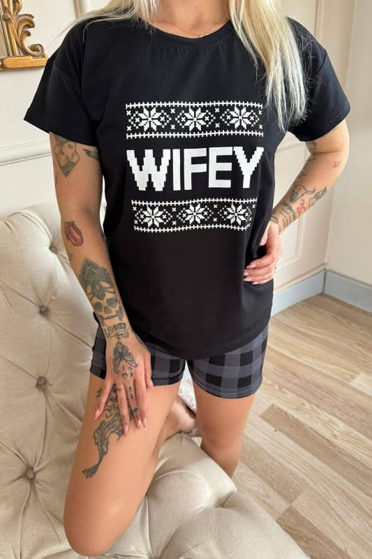 Siyah Wifey Şortlu Sevgili Aile Pijaması - Kadın Takımı