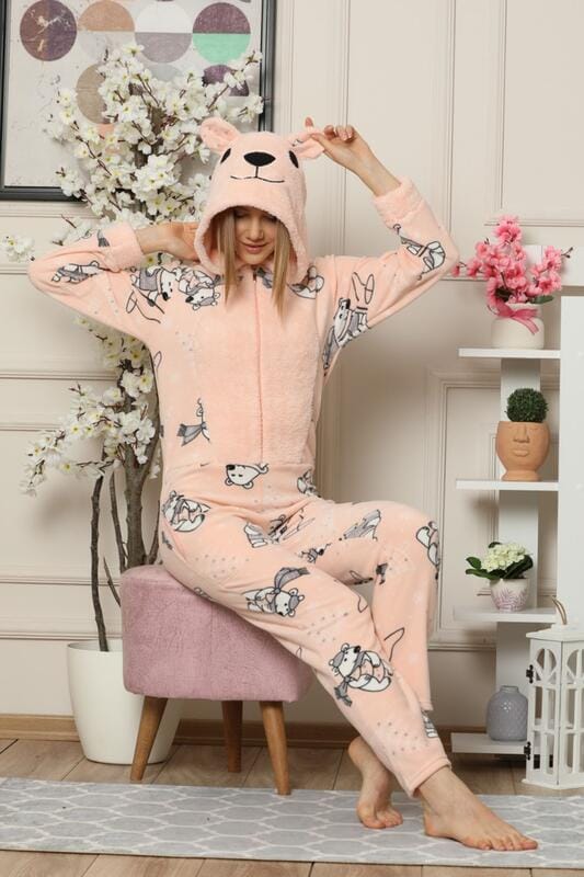 Somon Bear Desenli Kadın Polar Peluş Tulum Pijama Takımı