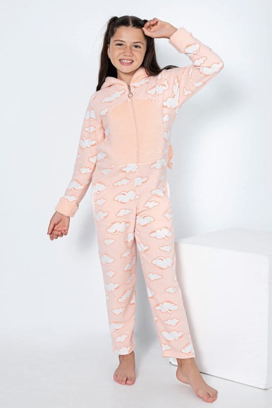 Somon Bulut Desenli Kız Çocuk Polar Peluş Tulum Pijama