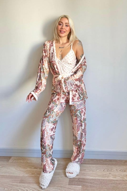 Somon Flore Exclusive Örme Sabahlıklı Kadın Pijama Takımı