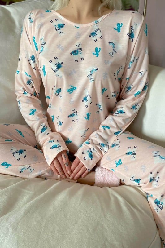 Somon Lama Baskılı Uzun Kol Kadın Pijama Takımı