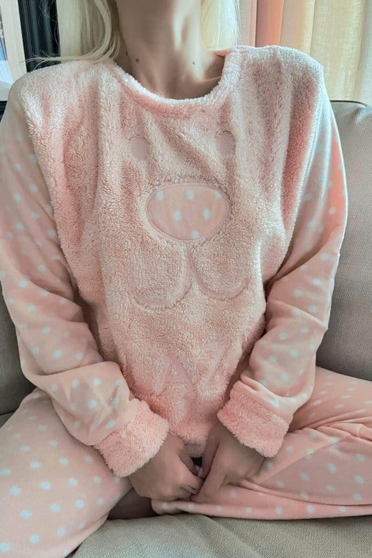 Somon Lazy Desenli Kadın Peluş Pijama Takımı