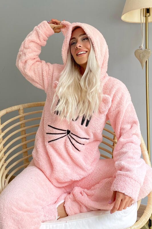 Somon Meow Desenli Tam Peluş Pijama Takımı