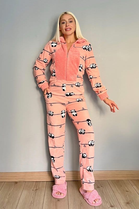 Somon Sleep Panda Desenli Kadın Polar Peluş Tulum Pijama Takımı