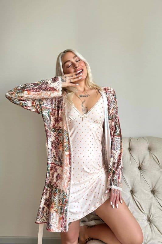 Somon Svila Exclusive Örme Sabahlıklı Gecelik Kadın Pijama Takımı