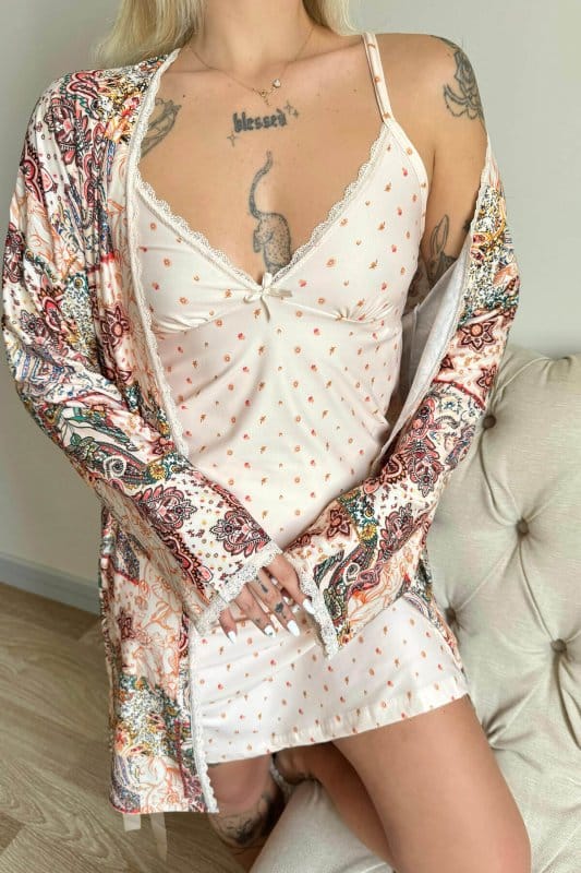 Somon Svila Exclusive Örme Sabahlıklı Gecelik Kadın Pijama Takımı