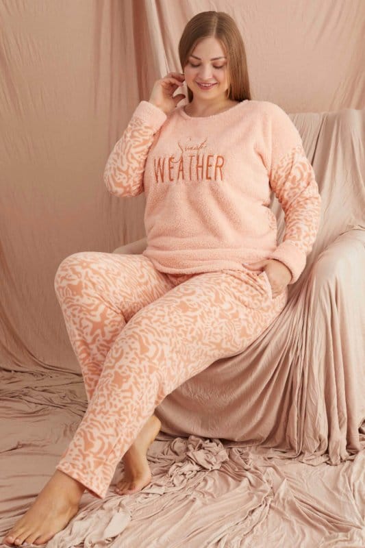 Somon Weather Desenli Büyük Beden Battal Peluş Pijama Takımı