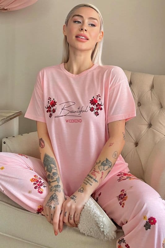 Somon Weekend Baskılı Örme Kısa Kollu Kadın Pijama Takımı
