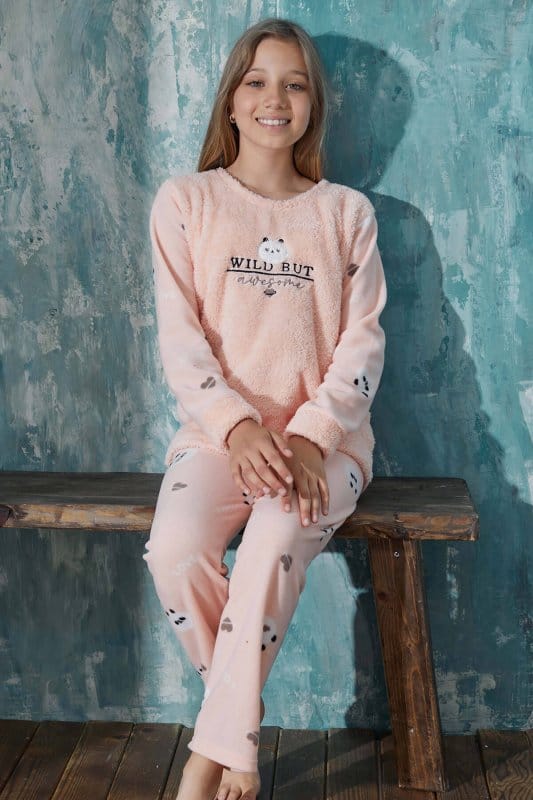 Somon Wild But Desenli Kız Çocuk Peluş Pijama Takımı