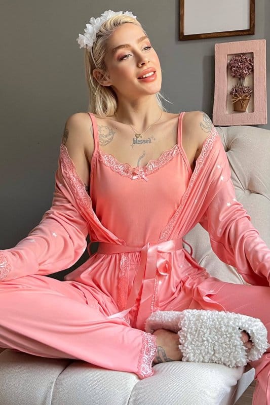 Somon Yıldız Desenli Bambu Sabahlıklı Kadın Pijama Seti
