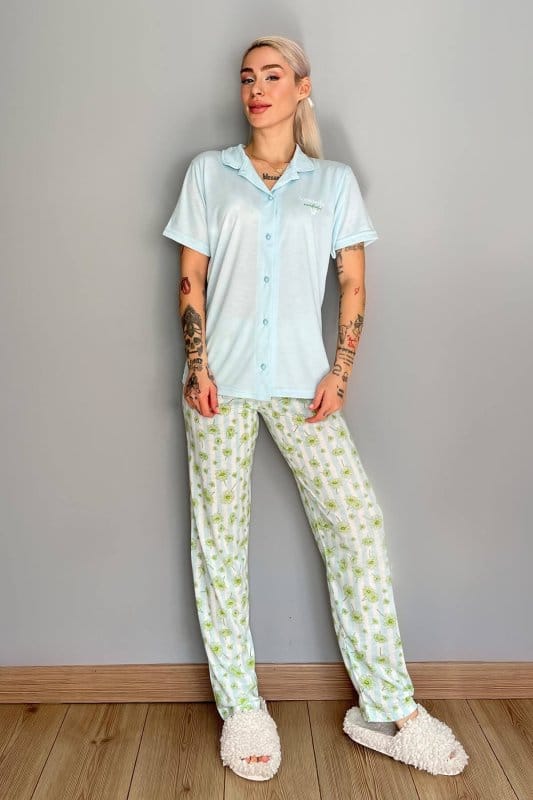 Su Yeşili Wonderful Baskılı Örme Önden Düğmeli Kısa Kol Kadın Pijama
