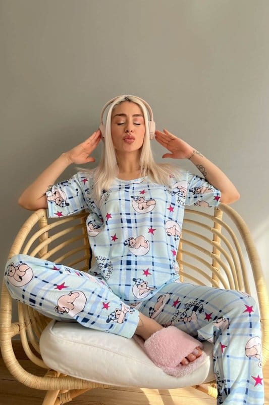 Tampado Baskılı Kısa Kollu Kadın Pijama Takımı