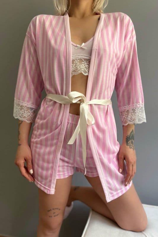 Toz Pembe Çizgi Desenli Sabahlıklı Bralet Örme Pijama Takımı
