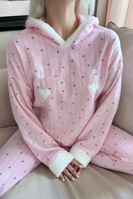 Toz Pembe Heart Magic Desenli Kapşonlu Peluş Polar Pijama