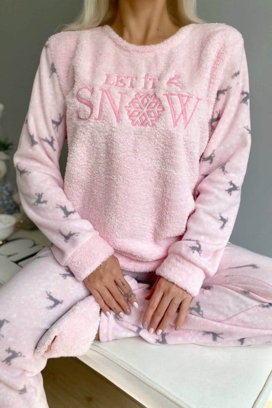 Toz Pembe Let it Snow Desenli Kadın Peluş Pijama Takımı