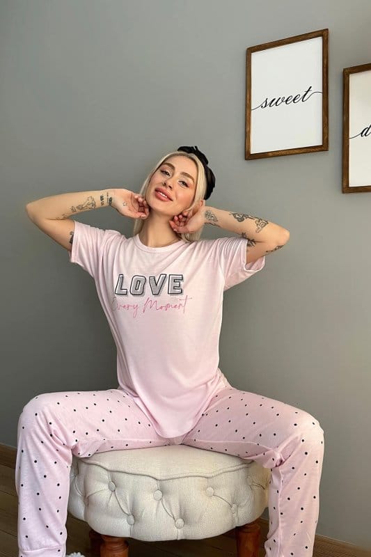 Toz Pembe Love Puan Baskılı Örme Kısa Kollu Kadın Pijama Takımı