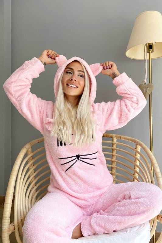 Toz Pembe Meow Desenli Tam Peluş Pijama Takımı