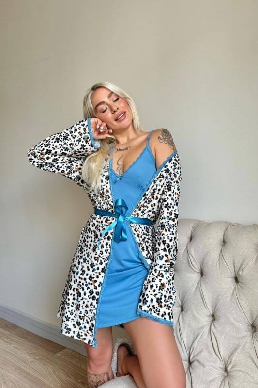 Turkuaz Svila Exclusive Örme Sabahlıklı Gecelik Kadın Pijama Takımı